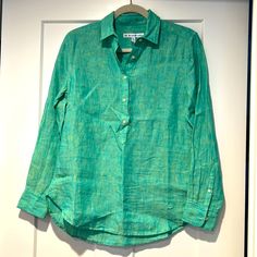 Lightweight Linen Collared Shirt. Button Front. Long Sleeves. Beautiful Teal Color. Flattering Female Fit. Nwt. Never Worn. Perfect Condition. Green Blouse With Spread Collar And Relaxed Fit, Casual Green Blouse With Spread Collar, Green Tops With Button Cuffs And Spread Collar, Casual Green Blouse With Button Cuffs, Green Top With Button Cuffs And Spread Collar, Green Blouse With Button Cuffs And Spread Collar, Green Blouse With Placket, Green Blouse With Button Closure And Spread Collar, Fitted Green Tops With Button Cuffs