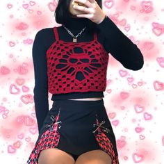 cute edgy/alt outfit with a crochet skull top and red plaid skirt layered on top of a turtleneck shirt! crochet shirt available on my depop! Red Crochet Top Aesthetic, Black And Red Crochet Top, Layered Crochet Top, Edgy Crochet Top, Egirl Crochet, Crochet Alt Clothes, Crochet Skull Top, Halloween Crochet Ideas Clothes, Emo Crochet Patterns