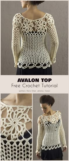 the crochet top is shown in three different pictures, including one with an openwork design