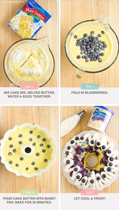 the steps to making blueberry cheesecakes are shown