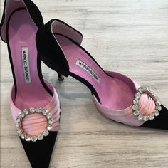 These Stunning Manolo’s Are Black Velvet With Pink Satin And A Rhinestone Accent 3-4” Heel Designer Pink Heels For Gala, Elegant Pink Fitted Heels, Elegant Fitted Pink Heels, Blahnik Shoes, Manolo Blahnik Shoes, Satin Heels, Pink Satin, Manolo Blahnik, Black Velvet