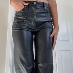 Black faux leather high-waisted straight-leg pants 
very soft on the inside Black Faux Leather, Straight Leg Pants, Bottoms Pants, Leg Pants, Women's Pants, Womens Bottoms, Straight Leg, Pants For Women, Faux Leather