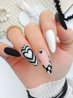 black and white long almond nails with heart beam Black And White Nail, Black And White Nail Art, Girls Nail Designs, February Nails, Nails Polish, White Nail, Acrylic Nails Coffin Short, Girls Nails, Heart Nails