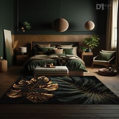 a bed room with a neatly made bed and green walls