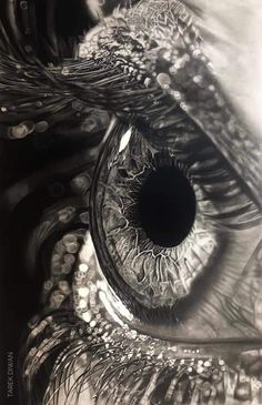 an eye is shown in this black and white photo, with the reflection of it's iris