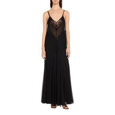 Heirlome "Eugenia" gown with lace panels V neckline Double adjustable shoulder straps Full length A-line silhouette Slipover style Silk/viscose Imported Lace Panelled, V Neckline, Bergdorf Goodman, Shoulder Straps, Full Length, Tops Designs, A Line, Silk, Luxury Fashion