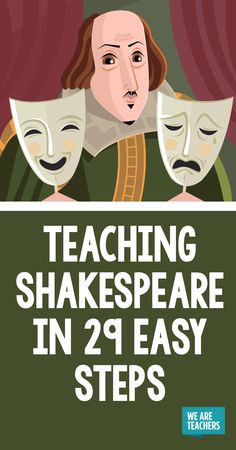 the cover of teaching shakespeare in 2 easy steps, with an image of two masks