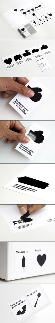 three different types of business cards with black and white designs on the front, one being folded