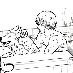 a black and white drawing of a boy playing with a dog in the bathtub