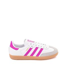 adidas Samba OG Athletic Shoe - Big Kid - Cloud White / Purple Burst Cute Colorful Shoes, Trending Adidas Shoes, Preppy Adidas Shoes, Women’s Adidas Shoes, Cute Sambas, Nike Shoes Trendy, Shoes To Wear With Dresses, Cute Trendy Shoes, Sambas Adidas