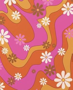 an orange and pink wallpaper with flowers on it