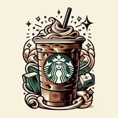 a drawing of a starbucks drink with an ornate frame around it