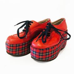 Pre-Owned. Beautiful True Vintage 1970’s Red Leather Shoes. - Size 7 - Super Rare Vintage From The 1970s - Sneaker Platform With Red Plaid Cushion 3 5/8” Platform And 1/4" Rubber Sole.  *Please Understand These Are Vintage From 70s* Very Good Vintage Condition: Means Wearable With Some Flaws. Flaws Such As Stains Over Time Or Minor Structural Flaws Have Made An Appearance. However, Overall They Have Redeeming Factors Such As Scarcity Or A Rare Design Making Them Desirable. Freshly Repaired By A 1970s Sneakers, Gemini Moon, Sneaker Platform, Red Leather Shoes, Leather Lace Up Shoes, 60s And 70s Fashion, Up Shoes, Book Characters, 70s Fashion