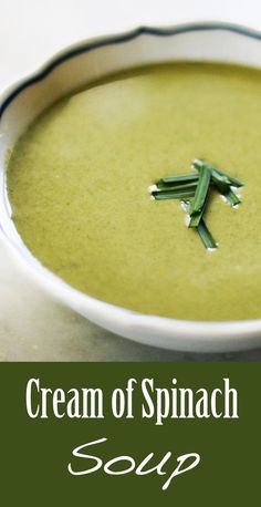 cream of spinach soup in a white bowl with a green garnish on top