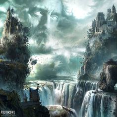 an artistic painting of a waterfall and castle