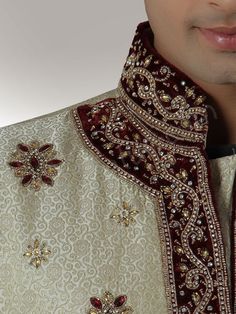 Designer Cream Brocade Sherwani - Sherwani - Men's Traditional Embellished Embroidered Designer Fabric, Traditional Velvet Kurta With Zari Work, Velvet Long Sleeve Traditional Wear For Weddings, Traditional Wear With Handwork For Eid Reception, Embellished Sherwani For Festivals, Embellished Long Sleeve Sherwani For Festivals, Festival Embellished Sherwani, Traditional Designer Wear Dupatta With Stone Work, Traditional Dupatta With Stone Work For Designer Wear