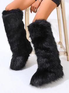 Women's Warmth Thermal Fluffy Faux Fur Mid-calf Snow Boots Black Knee-high Boots With Round Toe For Winter, Mid-calf Platform Boots For Winter Party, Winter Party Mid-calf Platform Boots, Party Mid-calf Platform Boots For Winter, Wide Calf Knee-high Winter Boots, Black Mid-calf Platform Boots For Winter, Chic Winter Mid-calf Platform Boots, Chic Mid-calf Winter Platform Boots, Chic Mid-calf Platform Boots For Winter