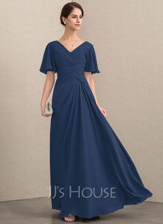 a - line / princess v - neck floor - length chiffon mother of the bride dress with ruffle