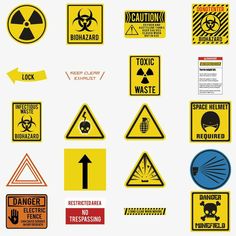 various warning signs and symbols on a white background