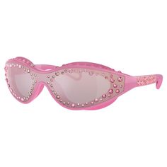 Dive into exuberant style with these Imber-inspired sunglasses. The sporty design is based on the sleek shape of swimming goggles and features innovative pink plastic frames, temples, and violet mirrored lenses, all adorned with a variety of pink crystals. Joyful touches include the rubberized temple tips and eye pads. A playful and extravagant way to bring your look to life. Pink Assessories, Cute Pink Sunglasses, Pink Sun Glasses, New Years Glasses, Festival Goggles, Pink Schiaparelli, Pink Y2k Sunglasses, Pink Goggles, Pink Rhinestone Sunglasses