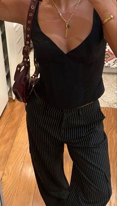 Older 20s Fashion, Classy Going Out Outfits Winter, French Clubbing Outfit, Striped Slacks Outfit, Petite Aesthetic Outfit, Fitted Button Down Shirt Woman, Amsterdam Club Outfits, Kelsey Kreppel Outfits, Speakeasy Aesthetic Outfit