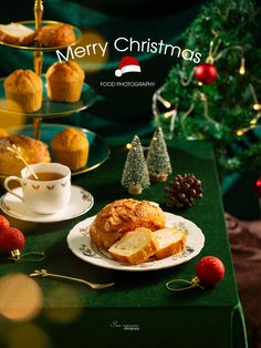 a table topped with pastries and christmas decorations