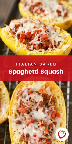 italian baked spaghetti squash on a baking rack with the title text above it reads, italian baked spaghetti squash