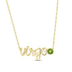 This stellar necklace features "Virgo" spelled out in swirling 10K yellow gold letters. A peridot punctuates the word art, adding eye-catching color. The pendant suspends from an 18-inch cable chain that secures with a spring ring clasp. Virgo Necklace, Virgo Zodiac, Accessories Jewelry Necklace, Gold Letters, Eye Catching Colors, Cable Chain, Spring Rings, Word Art, Swirl