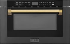 a black and gold microwave oven with the door open to show it's electronic controls