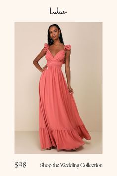 When the cocktails are poured and the music starts playing, you know it's time to slip into the Lulus Soiree Celebration Rusty Rose Ruffled Lace-Up Maxi Dress! Airy woven chiffon shapes this romantic gown that has ruffled-adorned straps and a plunging V-neckline, with an open back accented by slender laces. Banded waist has a gathered, crossover design, above a sweeping skirt that falls to a maxi hem. Hidden zipper/clasp at back. Fit: This garment fits true to size. Length: Floor length. Size me Feminine Peach Maxi Dress With Ruffles, Pink Floor-length Dress With Tie Back, Pink Floor-length Maxi Dress With Ruffle Hem, Maxi Dress Backless, Pink Off-shoulder Ruffled Maxi Dress, Pink Ruffled Maternity Maxi Dress, Romantic Gown, Rusty Rose, Backless Maxi Dress