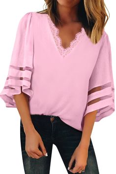 Pink V Lace Neckline 3/4 Bell Mesh Sleeves Blouse Chic Pink Half Sleeve Tops, Pink Half Sleeve Blouse For Fall, Chic Pink Half-sleeve Blouse, Chic Pink Half Sleeve Blouse, Womens Swimdress, Black Chiffon Blouse, White Tank Top Women, Blouse Necklines, Chiffon Shirt Blouse