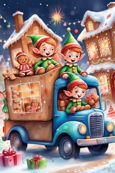 two elves are riding on the back of a truck in front of a christmas village