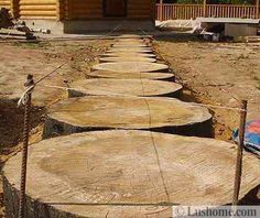 several logs are arranged on the ground in front of a log cabin