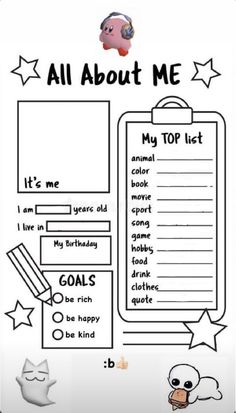 an all about me activity sheet for kids to practice their writing skills and spelling the words