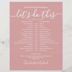 a pink and white wedding program card with the words let's do this on it