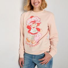 This women and juniors Strawberry Shortcake graphic sweatshirt is a cute and cozy layering must-have. Made from soft cotton-fleece, this tag-free pullover has a crew neckline, a banded bottom and long cuffed sleeves. Wear it with joggers or shorts. Features: Tag FreeClosure Type: Pullover HeadFit: Regular FitNeckline: Crew NeckSleeve Length: Long SleeveSleeve Style: Cuffed SleeveApparel Length: 26 InchesFiber Content: 60% Cotton, 40% PolyesterFabric Description: FleeceCare: Tumble Dry, Machine … Casual Fleece Sweatshirt With Cartoon Print, French Terry Tops With Graphic Print For Loungewear, Graphic Print French Terry Tops For Loungewear, Trendy French Terry Crew Neck Tops, Casual Cartoon Print Sweater, Casual Crew Neck Sweatshirt With Cartoon Print, Cotton Cartoon Print Sweater With Relaxed Fit, Cute Cotton Sweatshirt For Loungewear, Cotton Cartoon Print Sweatshirt For Loungewear