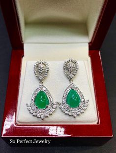 "BRAND-NEW!! ONE OF A KIND, HANDCRAFTED EARRINGS. So Perfect Jewelry proudly presents!! Delicately handcrafted, EXQUISITE COLOMBIAN EMERALD EARRINGS! Accented with superb quality, natural diamonds, set in handcrafted 18K solid white gold earrings. Classy and unique, elegant and charming, with vivacious Green COLOR, and sparkling diamonds, these dangling earrings sure make a lady feel like a princess! WE OFFER FREE CHRISTMAS GIFT PACKAGING, CHRISTMAS CARD WITH PERSONAL NOTES, FREE RING SIZING AND Luxury Hallmarked Pear-shaped Diamond Earrings, Luxury Pear-shaped Gemstone Diamond Earrings, Luxury Pear-shaped Diamond Earrings With Gemstones, Luxury Pear-shaped Emerald Earrings, Hallmarked Pear-shaped White Gold Diamond Earrings, Pear-shaped Hallmarked White Gold Diamond Earrings, Luxury Pear-shaped Chandelier Earrings For Formal Events, Hallmarked Teardrop Diamond Earrings For Formal Occasions, Hallmarked Platinum Diamond Earrings For Wedding