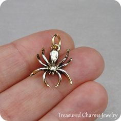 "This Spider Charm comes with a gold jump-ring as pictured. Please note that photo is not to scale and may appear larger to show detail. Refer to exact measurements below. Additional attachments (lobster clasp, large-hole bead, necklace chains) are available from the charm-attachments drop-down menu. For a visual example of the different attachments and what each one is best suited for, scroll through the photos until you see the example photo or visit https://etsy.me/2BY7DAW for detailed inform Vintage Gold Jewelry For Halloween, Novelty Gold Metal Jewelry, Unique Gold Halloween Jewelry, Unique Gold Jewelry For Halloween, Handmade Gold Novelty Jewelry, Gold Novelty Round Jewelry, Collectible Gold Jewelry For Halloween, Pandora Beads, Halloween Charms