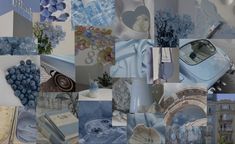 a collage of blue and white images with flowers, books, vases, and other things