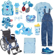 various items are arranged in the shape of a blue dog and its name is pup