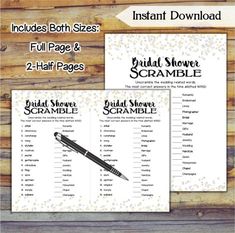 two printable bridal shower scrambles with the words bridal shower scramble on them