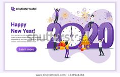 happy new year landing page with people celebrating and holding gifts in front of a large clock