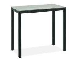 a black table with a glass top and metal legs on an isolated white background,