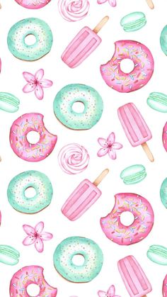 donuts and ice cream on a white background with pink, blue, and green icing