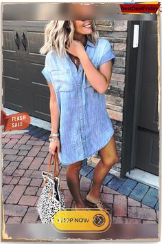 Women's Loose Denim Blouse Mini Dress Button Down Lapel Short Sleeve T-shirt Tops with Pockets Vacation Tops, Short Loungewear, Denim Blouse, Loungewear Sets, Loungewear Set, Button Dress, Dress Pattern, Skirt Pants, Long Tops