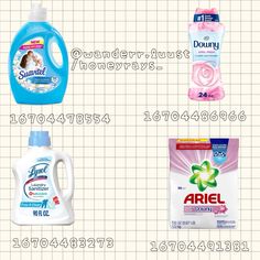 four different types of laundry detergents on a gridded background with the names and numbers below them