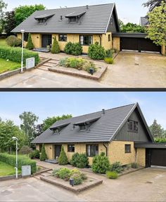 two pictures of the same house in different stages of being renovated and updated with new roofing