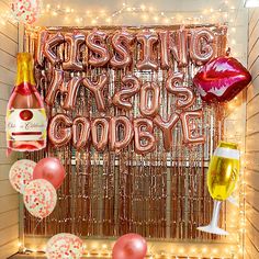 PRICES MAY VARY. Our Kissing my 20's goodbye Balloon is the perfect way to celebrate your 30th Birthday and adds to your birthday party decor. Kissing my 20's goodbye is the ultimate way to celebrate your milestone! You will get : 1 x 30 inch lip balloon, 20 x rose gold latex balloons, 1 x “ Kissing My 20s Goodbye” 1 x rose gold rain curtain, 1 x champagne balloon, 1 x bottle balloon. You can inflate them yourself with air and a straw. The balloons are not made to float with helium Note: the pac Kiss Your 20s Goodbye Party, Last 20's Birthday, Kissing My 20s Goodbye Party Ideas, Goodbye Decorations, Dirty 30 Party Ideas, Kissing My 20s Goodbye, Dirty 30 Birthday Party Ideas, 30th Birthday Themes For Women, Balloons 30th Birthday