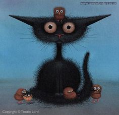 a painting of a black cat with three little birds on it's back