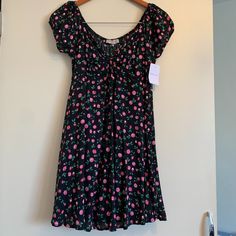 Black And Pink Floral Pattern With Cute Keyhole Cutout In Chest. Inner Lining. Ruffled Sleeve Dress, Dream Of Me, Shrug For Dresses, Floral Babydoll Dress, Ribbed Bodycon Dress, Blue Long Sleeve Shirt, Polly Dress, Pink Floral Pattern, Flare Mini Dress